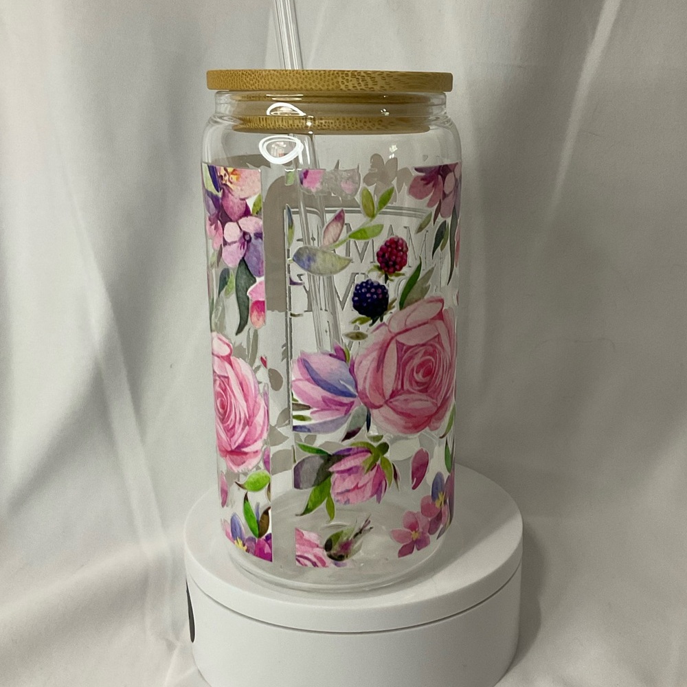 16 Ounce Handmade Clear Glass Can Cup, W/Lid & Straw, Mama Floral - Picture 6 of 13